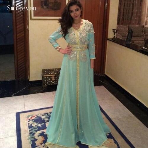 Smileven Moroccan caftan Evening Dresses Gold Lace Appliques Mint Green Arabic Muslim Special Occasion Dress Evening Party Gowns