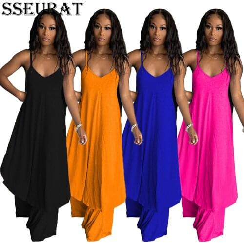 SSEURAT Summer Two Piece Casual Solid Suits Spaghetti Strap Loose Dress & Wide Leg Pants Set