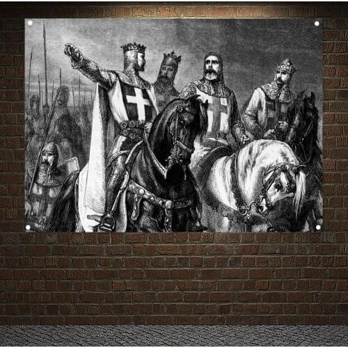 Ancient Military Posters Templar Knight On Horse Banners Retro Print Art Crusader Flags Canvas Painting Wall Hanging Home Decor