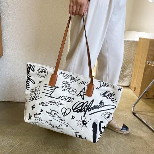 INS Style Scrawl Print Handbags Fashion New Large Capacity Women White Canvas Casual Shoulder Bag Hand Tote Bag