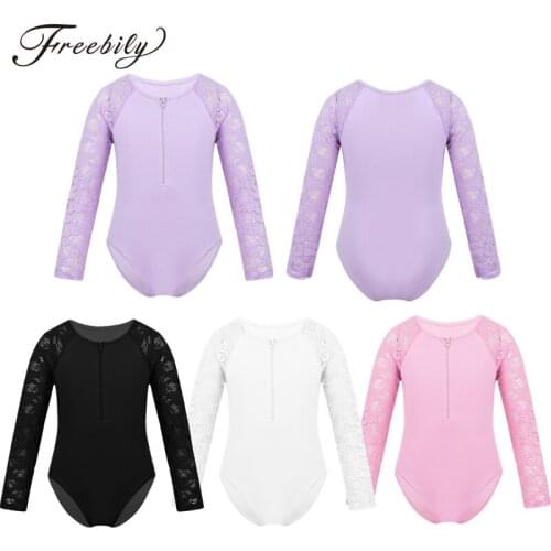 Kids Girls Floral Lace Long Sleeves Round Neck Zip-Front Closure Ballet Dance Gymnastics Leotard Jumpsuit Dancewear