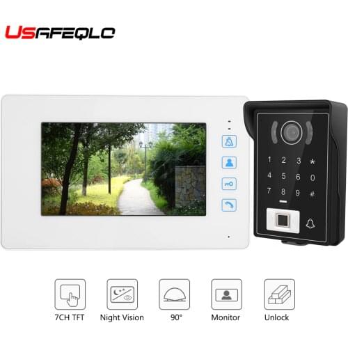USAFEQLO 7" Video Door Phone DoorBell Intercom System Button Door Lock RFID Keyfobs Fingerprint unlock