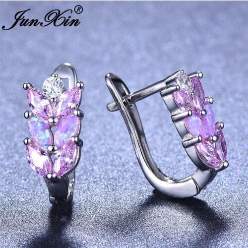 Boho Female Crystal Leaf Hoop Earrings White Gold Purple Blue White Fire Opal Earrings For Women CZ Wedding Party Ear Jewelry