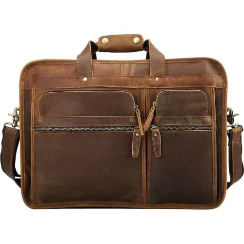 Vintage Men Genuine Leather Briefcase Fashion Office 17 Inch Male Laptop Bag Male Handbags Portfolio Business Travel Bag Brown