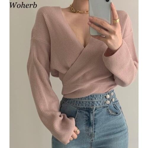Woherb 2021 Korean Vintage Women Sweaters Solid Criss-cross Fashion Mujer Sueteres Autumn Winter Pullovers New Pull Femme