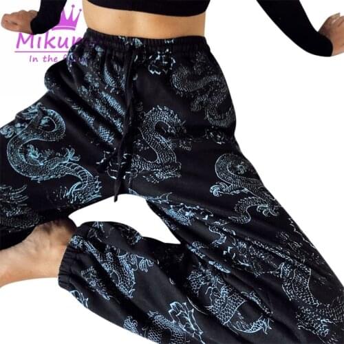Harajuku Vintage Dragon Print Loose Elastic High Waist Casual Long Trousers For Women Harem Pants Streetwear