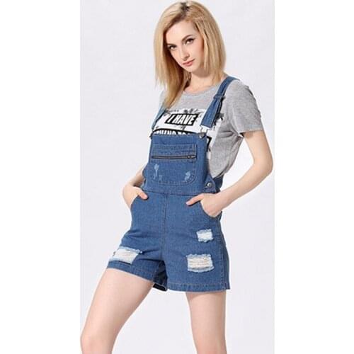 Suspender Stretch Hole Ripped Women Overalls Korea High Waist Loose Short Pants Wash Distressed Female Fashion Denim Jumpsuits