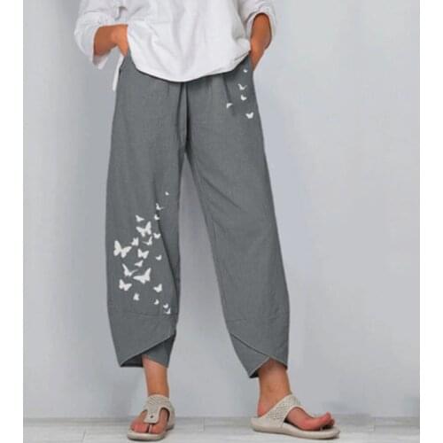 2021 Summer Fashion Women Floral Print Loose Wide Leg Pants Cotton Linen Stylish Elastic Waist Casual Ankle-Length Trousers