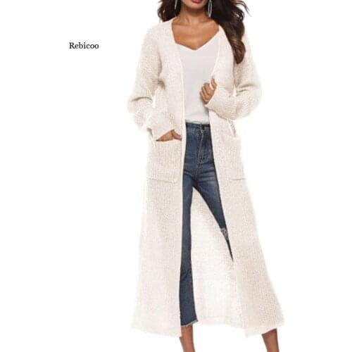 Womens Long Sleeve Knitted Cardigan Maxi Long Side Split Solid Color Sweater Irregular Slim Coat with Large Pockets