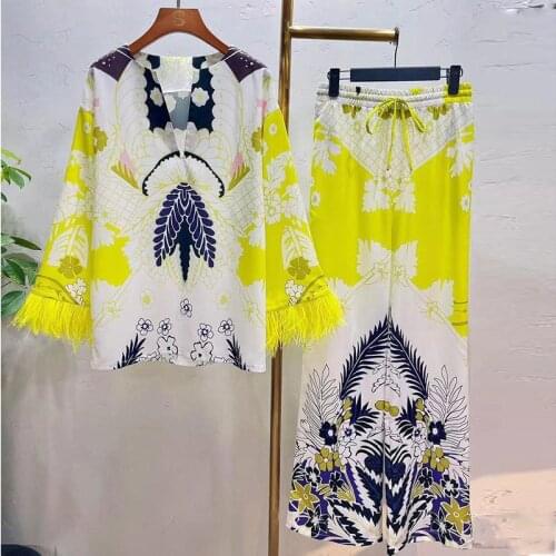 Design Fashion Women Suit Summer Autumn Feather Long Sleeve V-Neck Top + Loose Pants Flowers Printed Yellow Vintage Sets