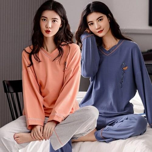 100% Cotton Long Sleeve V-neck Pajama Sets for Women 2020 Autumn Winter Sleepwear Suit Pyjama Homewear Pijama Mujer Home Clothes
