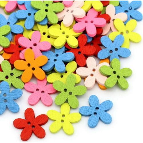 100pcs/lot Wood Buttons Sewing Scrapbooking Flowers Shaped 2 Holes Mixe S