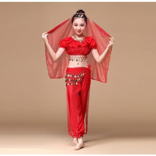 2018 Sari Children Indian Dance 4-piece Costume Set (Top, Belt, Pants and Head Pieces) Bollywood Dance Costumes