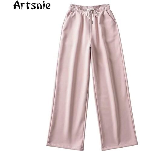 Artsnie Summer 2021 Wide Leg Pants Women High Waist Pink Casual Trousers Streetwear Knitted Ladies Long Pants Sweatpants Femme