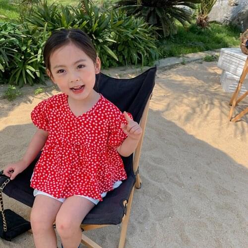 Kids Clothing 2-8 Y Toddler Girls Shirts Summer New Baby V Neck Floral Short Sleeve Shirts Korean Cute Blouse For Girl Children