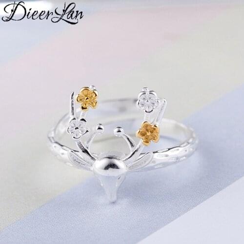 DIEERLAN Bohemian Vintage Silver Color Sika Deer Branch Big Rings for Women Ladies Statement Jewelry Wedding Finger Rings
