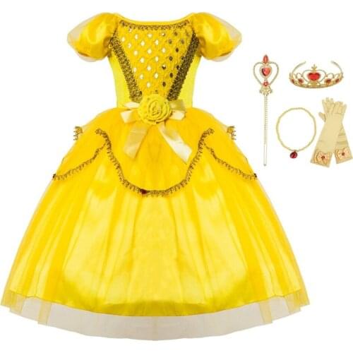 FINDPITAYA Girls Halloween Kids Belle Princess Costume Girl Short Sleeve Cosplay Party Dress Children Flower Layer Gown