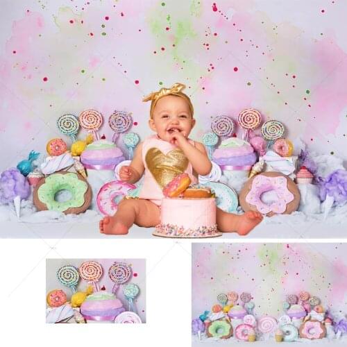 Sweet Candyland Baby Birthday Cake Smash Background Donuts Lollipop Paradise Portrait Backdrop Ice Cream Rainbow Graffiti Wall