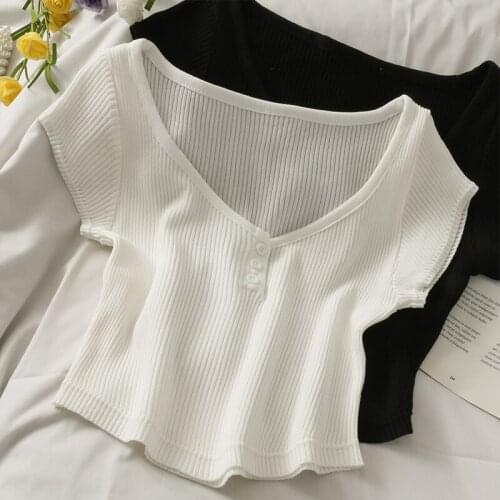 Heliar Women White Button Up T-shirts Button Up O-Neck Slim Cropped Tee Women 2021 Summer Crop Tops O-Neck T-shirts