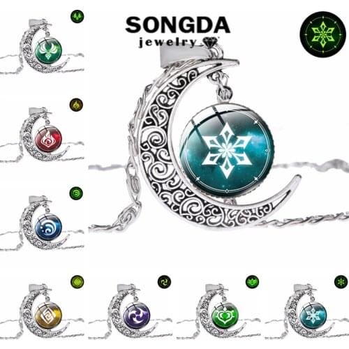 Genshin Impact Moon Luminous Necklaces Eye of God Thunder Fire Rock Ice Element Pattern Glass Surface Neck Chain Ladies Jewelry