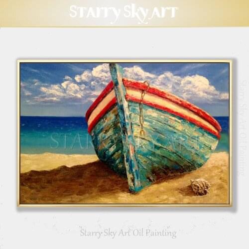 Unframed Hand-painted High Quality Modern Fine Art Boat Oil Painting on Canvas Beautiful Wall Art Boat in Beach Oil Painting