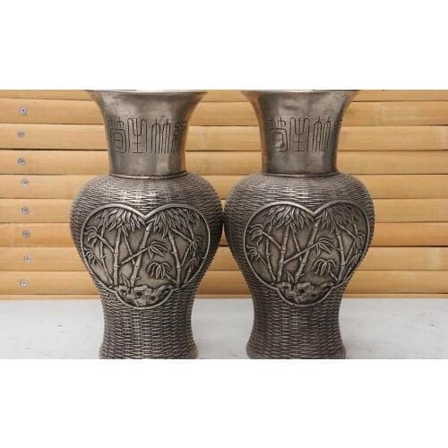 Chinese White Copper Silver Bamboo Plum Blossom Basketry pattern Bottle Vase Pot