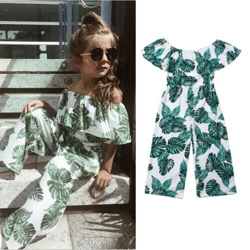 Toddler Baby Girl Short Sleeve Princess Green Leaf Printing Clothes Summer Outfits Loose Romper Overalls for 3-7 years