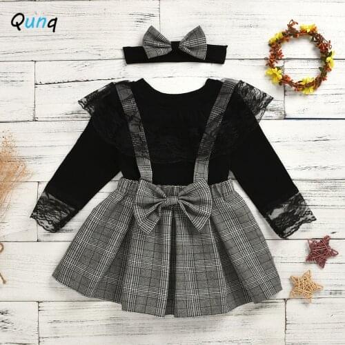 Qunq Girls Clothing Set Headband Long Sleeve Shirts Plaid Strap Dress 3pcs Kids Suits for Girl 2021 New Spring Children Suits