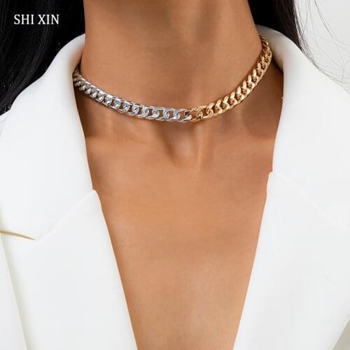 SHIXIN Gold/Silver Color Splicing Link Chain Necklace on the Neck Simple Fashion Short Choker Necklace Chunky Colar 2021 Jewelry