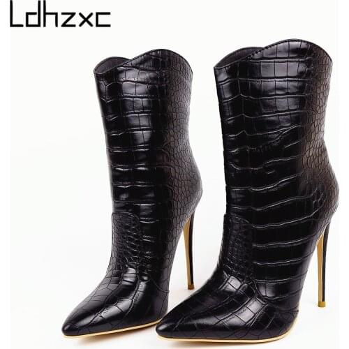 LDHZXC 2020 Pointed Toe Ankle Boots for women Autumn Winter High Heel Short Boots patent leather Women Shoes Big Size 34-43