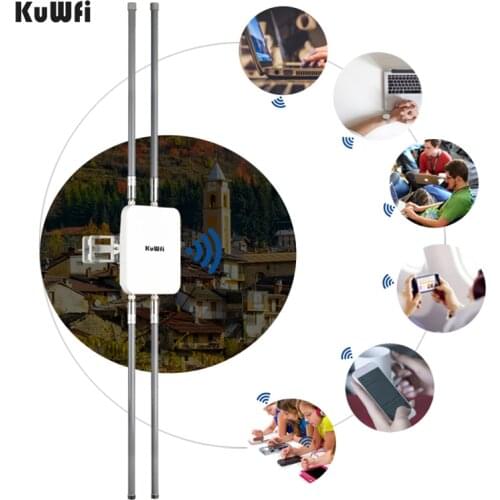 KuWFi 1200Mbps Gigabit POE Outside Booster Extender Wireless Outdoor Router Dual Band AP 4*8 dBi Antenna Wide Coverage Router