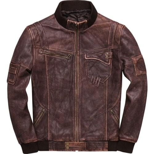 2021 Mens Motorcycle Leather Jacket Retro First Layer Thick Cowhide Stand Collar Short Youth Leather Jacket Cycling Jacket