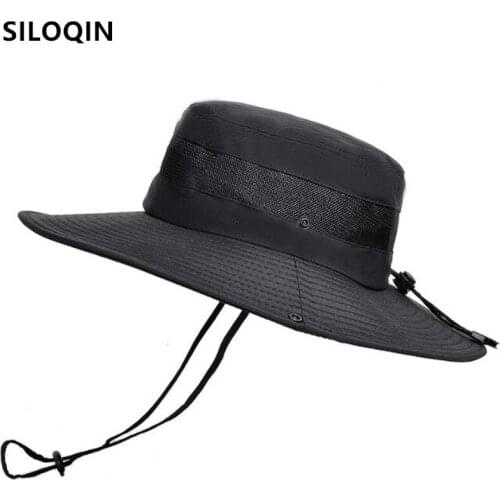 SILOQIN New Summer Mens Panama Hat Mesh Breathable Bucket Hats Flat Cap Wind Rope Fixed Women Beach Hat Couples Fishing Caps