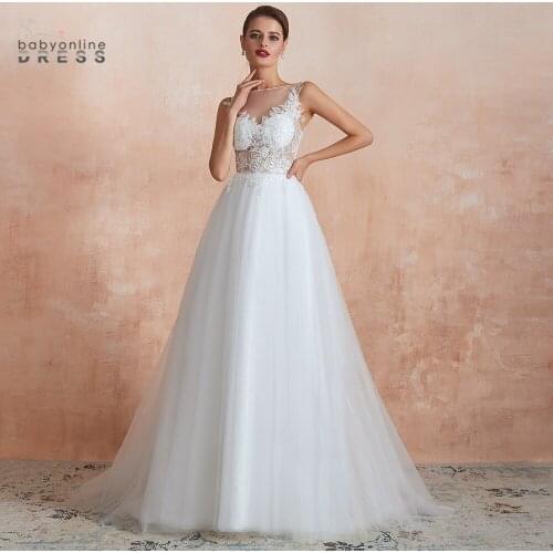 Real Images Tulle Lace Wedding Dress Appliques A Line Tulle robe de soirée de mariage Tank Sleeve Sexy Illusion Back Bride Dress