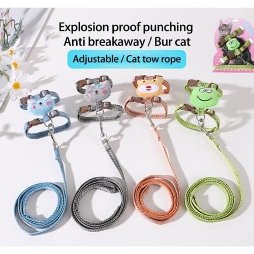 Pet Cat Leash Kit Night Reflective with Cartoon Animal Doll Explosion-proof Design Kitten Outdoor Walking Accessories, 4 Colors