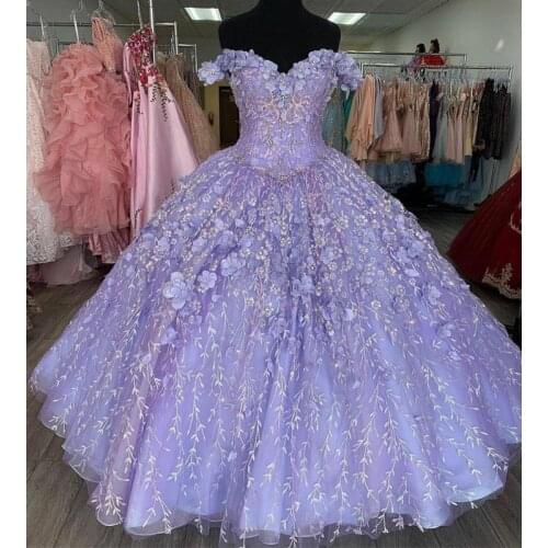 Romantic Lavender 3D Floral Flowers 2021 Mexican Quinceanera Prom Dresses Charro Off Shoulder Ball Gown Sweet 16 Dress Vestidos