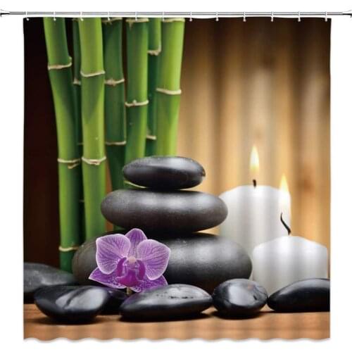 Garden Shower Curtains Spa Green Bamboo Plant Black Stone Purple Flower Candle Pattern Bathroom Decor Cloth Hanging Curtain Set
