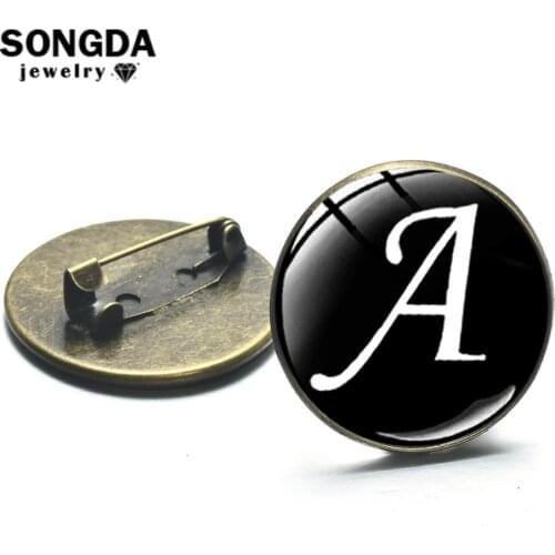 SONGDA Artistic Design A-Z 26 English Letters Brooch Initial Name Badges High Quality Handmade Picture Glass Cabochon Lapel Pins