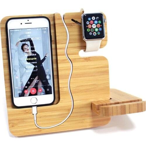 Phone Holder For Apple Watch Charger Station Dock 2 in 1 Phone Stand Natural Bamboo for iPhone 7 8 X For Xiaomi Mi A1
