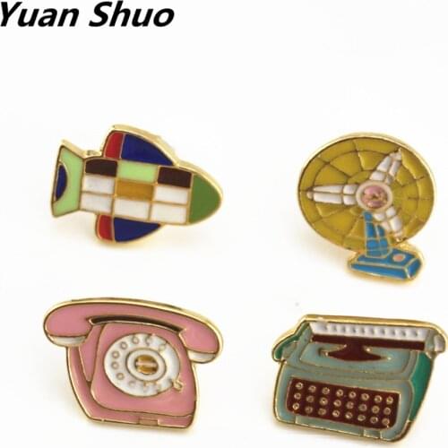 Japan South Korea style retro enamel aircraft / phone / fan women brooches cute jacket collar pin jewelry drops oil badges pins