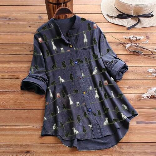 Женские футболки Plus Size Women T-Shirts Casual Cat Print Long Sleeve O-Neck Button Loose Shirt Top Loose Elegant Shirts