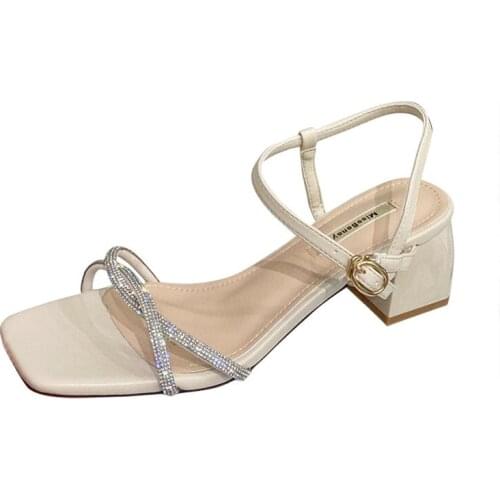 Women sandals PU Sequined Cloth Buckle Strap 4.5CM Square heel High heels Square Toe Rhinestones Bling Shallow women shoes