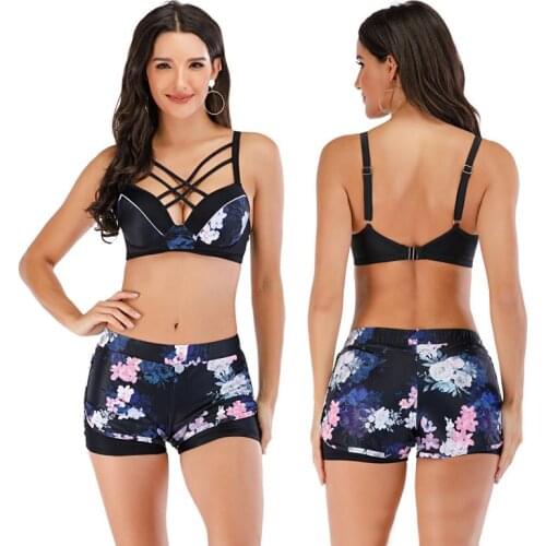 Two Pieces Women Sexy Beach Seaside Vacation Vest Split Boxer Bikini Set Underwire Swimsuit Swimwear Creative Printing Bather