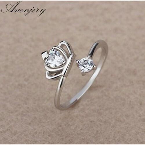 ANENJERY 925 Sterling Silver Jewelry Zircon Crown Wedding Ring For Women Opening Rings anillos mujer S-R236