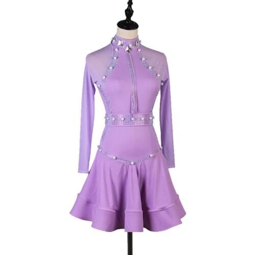 Custom New Long Sleeve Sexy Purple Latin Dance Competition Dress Women Tango Salsa Rumba Ballroom Rave Performance Clothing