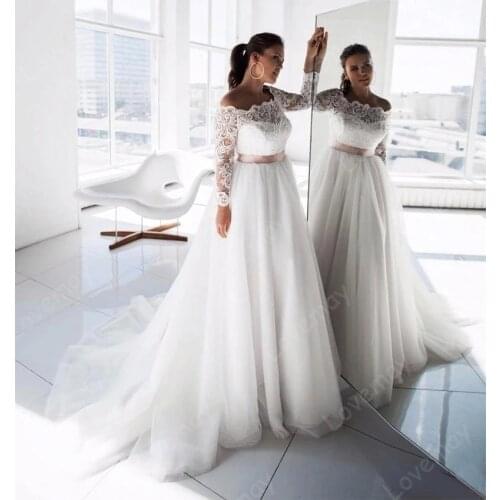Plus Size Beach Wedding Dresses Vestido De Noiva Off the Shoulder Long Sleeves Boat Neck Lace Tulle Bridal Gown Robe De Mariage