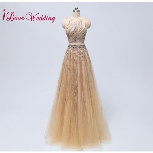 Most Popular Heavy Beading Evening Gown Gold Tulle Custom made A Line Sleeveless Formal Dress Women Elegant Party Dress