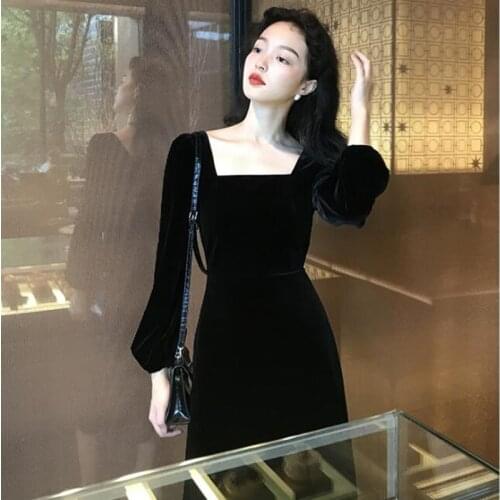 2021 Spring & Autunm women Square neck puff sleeve Palace vintage Hepburn style velvet dress Plus size S-6XL Elegant party dress