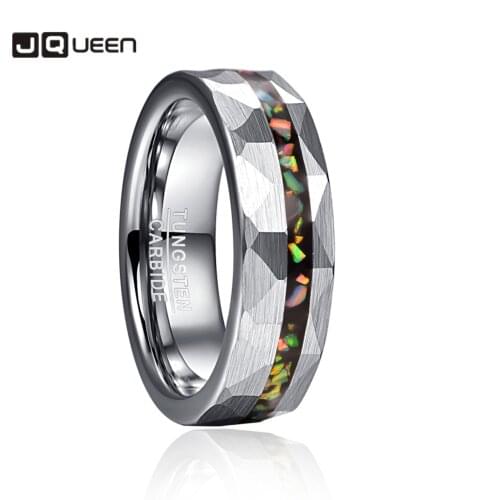 6mm Hammered Fine Sand Inlaid with Opal Tungsten Carbide Steel Ring Mens and Womens Engagement Jewelry
