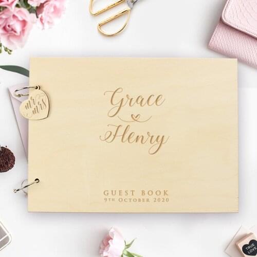 Wooden Wedding Guest Book, Rustic Guestbook, Rustic Writing, Laser Engraved Names Bride and Groom, Many Colours